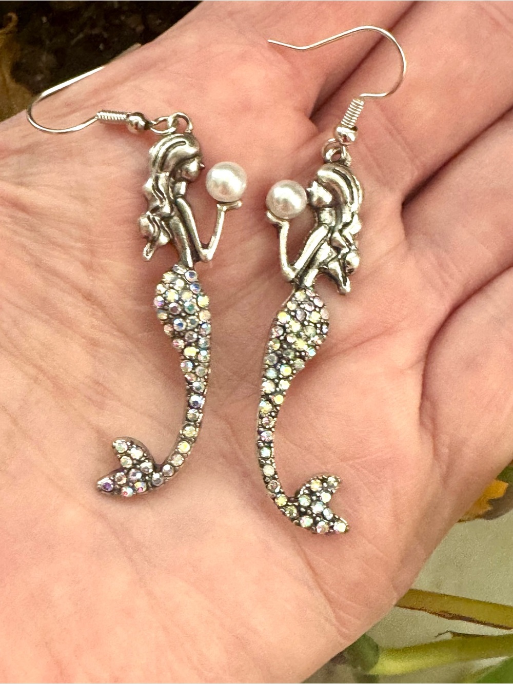 Mermaid Drop Earrings with Iridescent Crystals and Pearl Detail 2.5” long - Picture 4 of 8